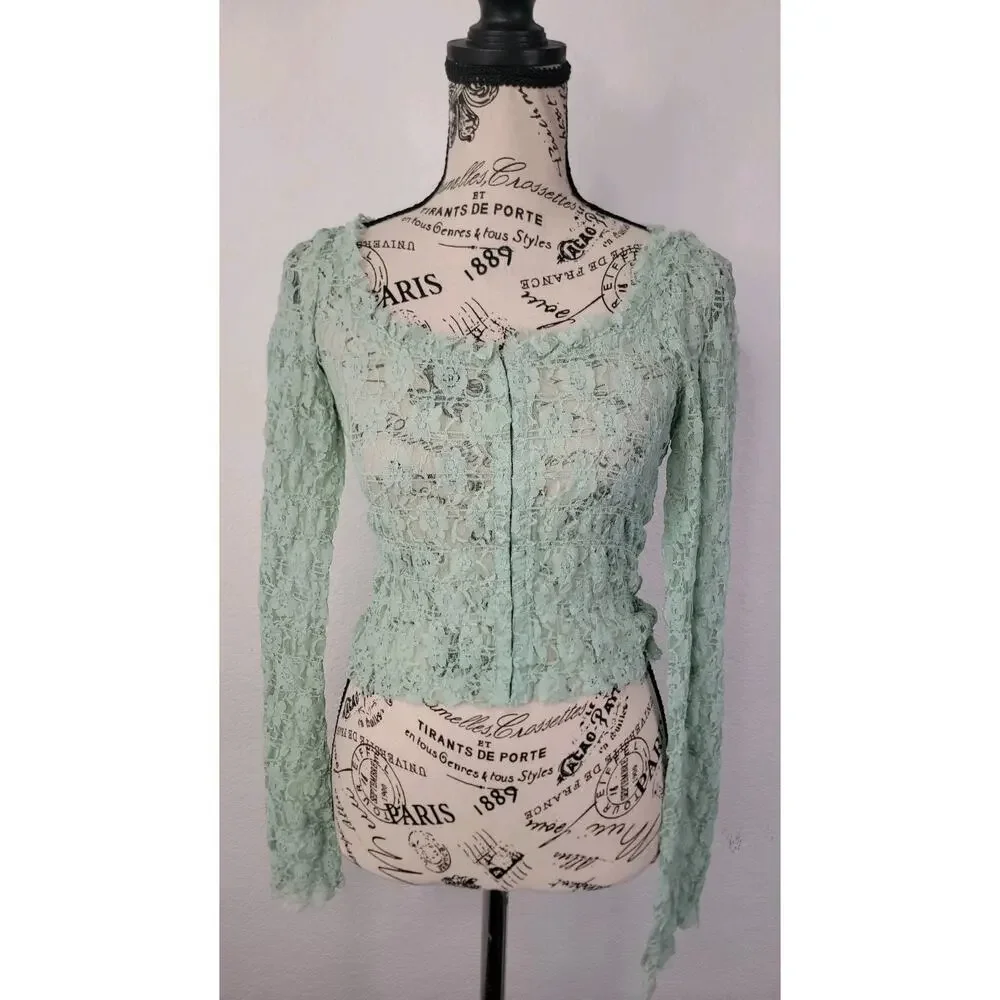 Free People FP One Madison Top Sz S Smocked Lace Sheer Hook-Front Bell Sleeve